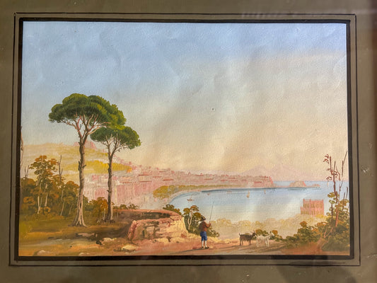 View of the Bay of Naples from the Hills of Posillipo – Grand Tour Gouache, c.1850