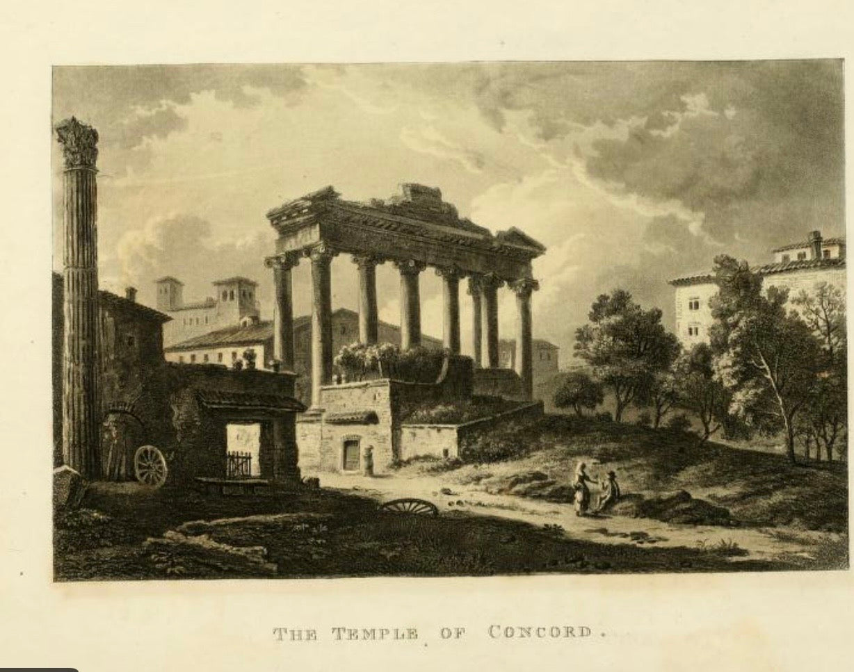 James Merigot (1760–1824)
Temple of Concord, Rome; and Fountain of the Nymph Egeria, Rome