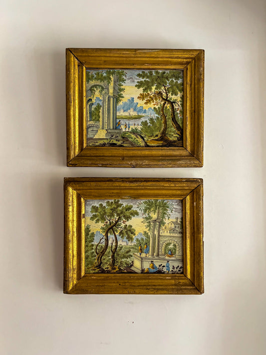 A Pair of 18th Century Castelli Maiolica Capriccio Landscapes