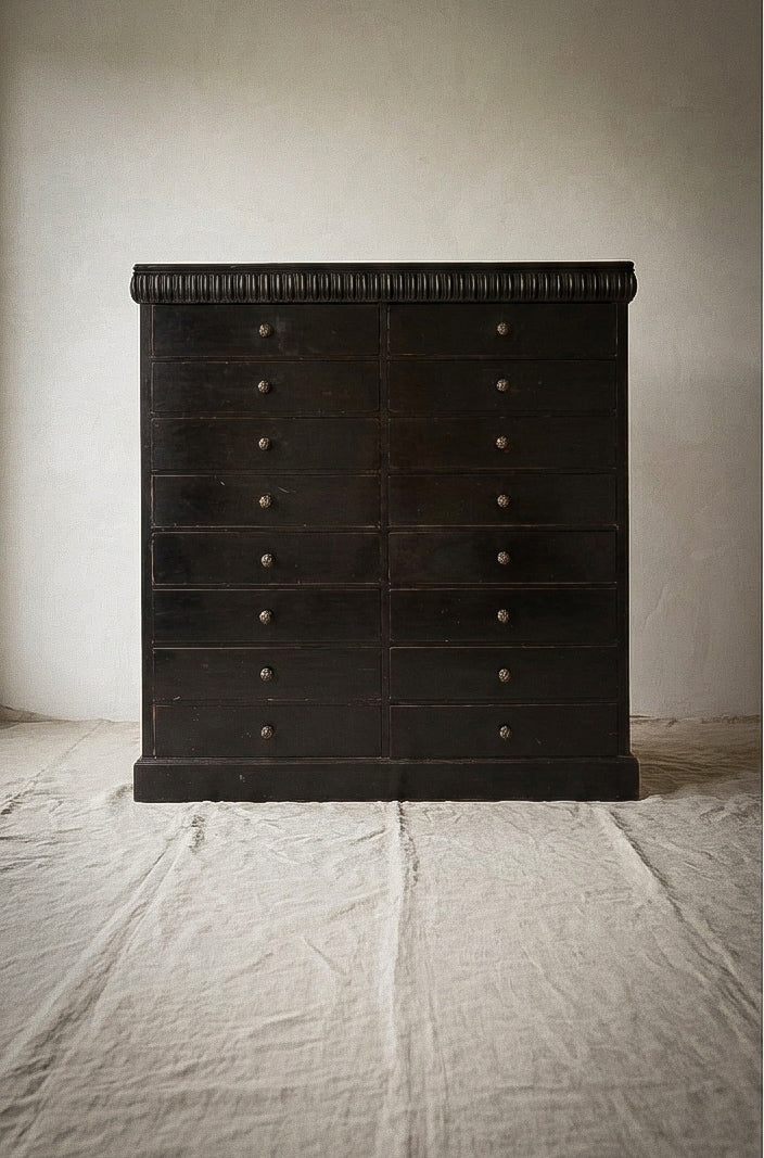 19th-century Aesthetic Movement ebonised bank of sixteen drawers