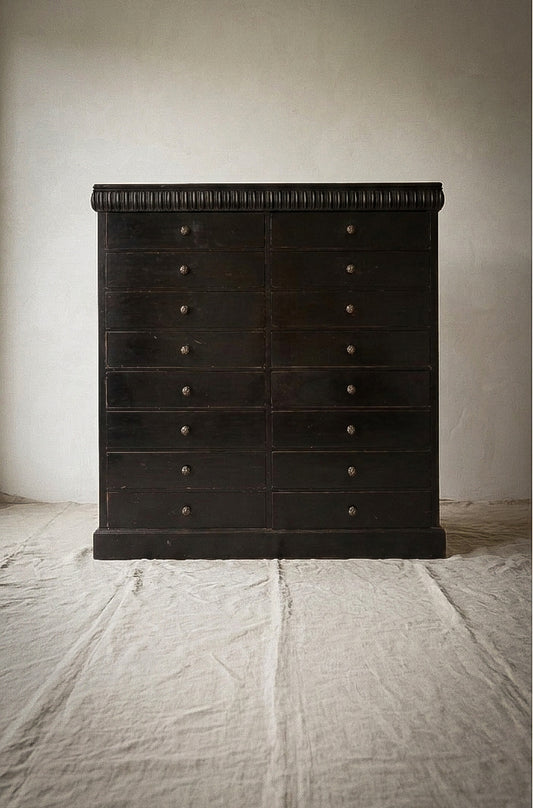 19th-century Aesthetic Movement ebonised bank of sixteen drawers