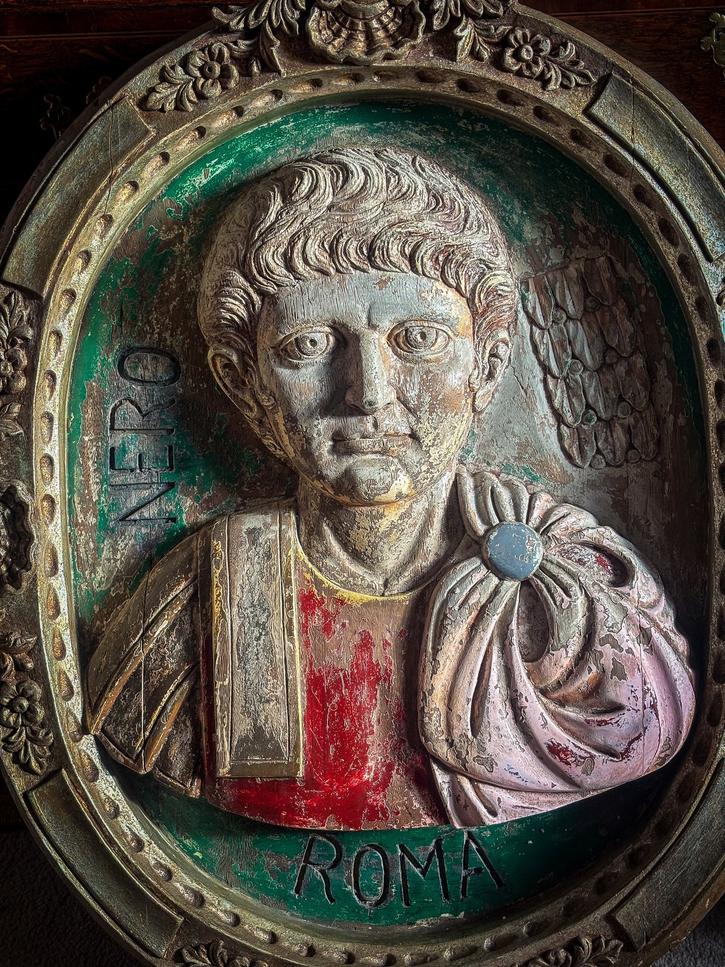 Pair of Italian Carved Wooden Roundels of Nero and Augustus