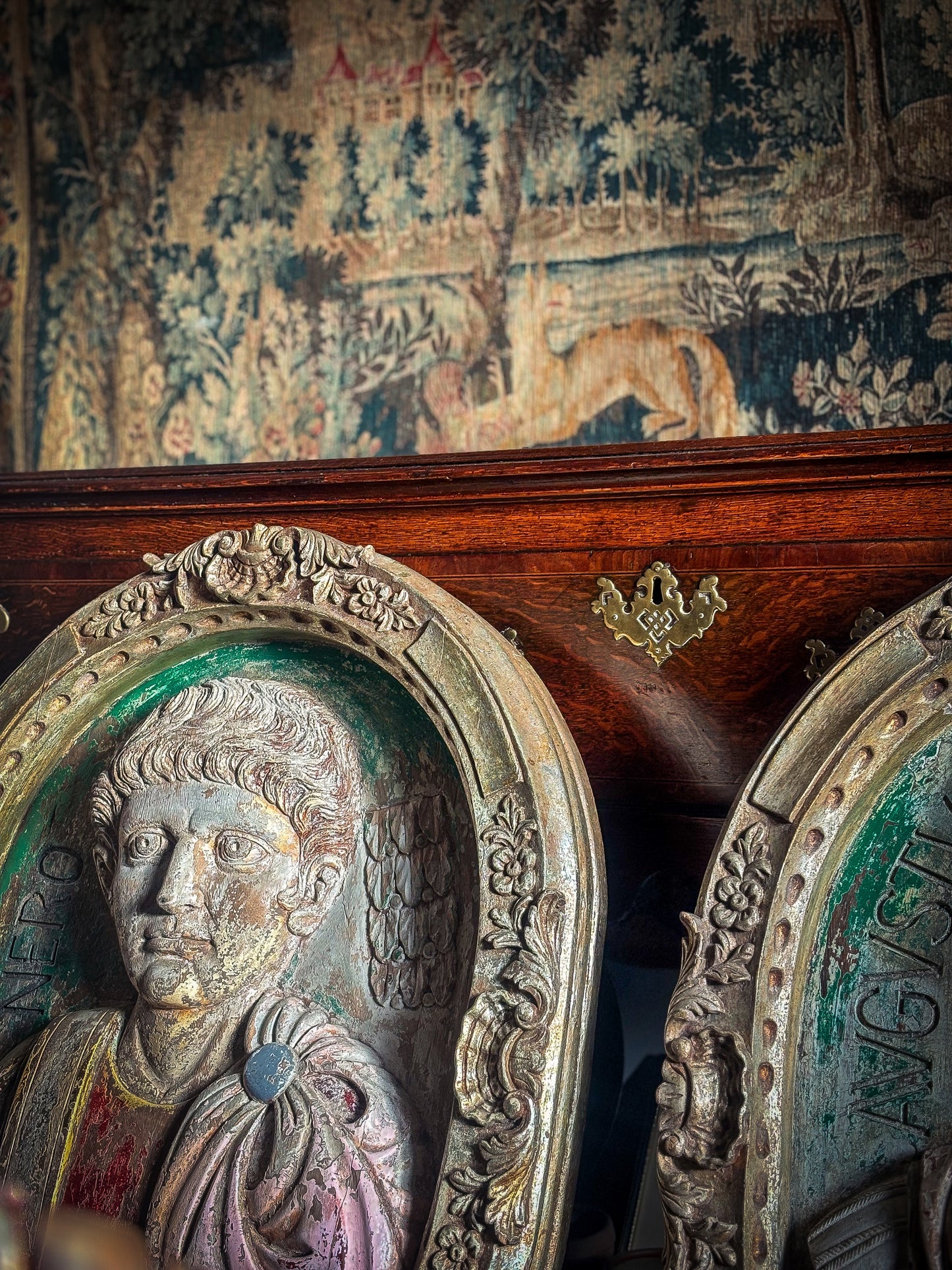 Pair of Italian Carved Wooden Roundels of Nero and Augustus