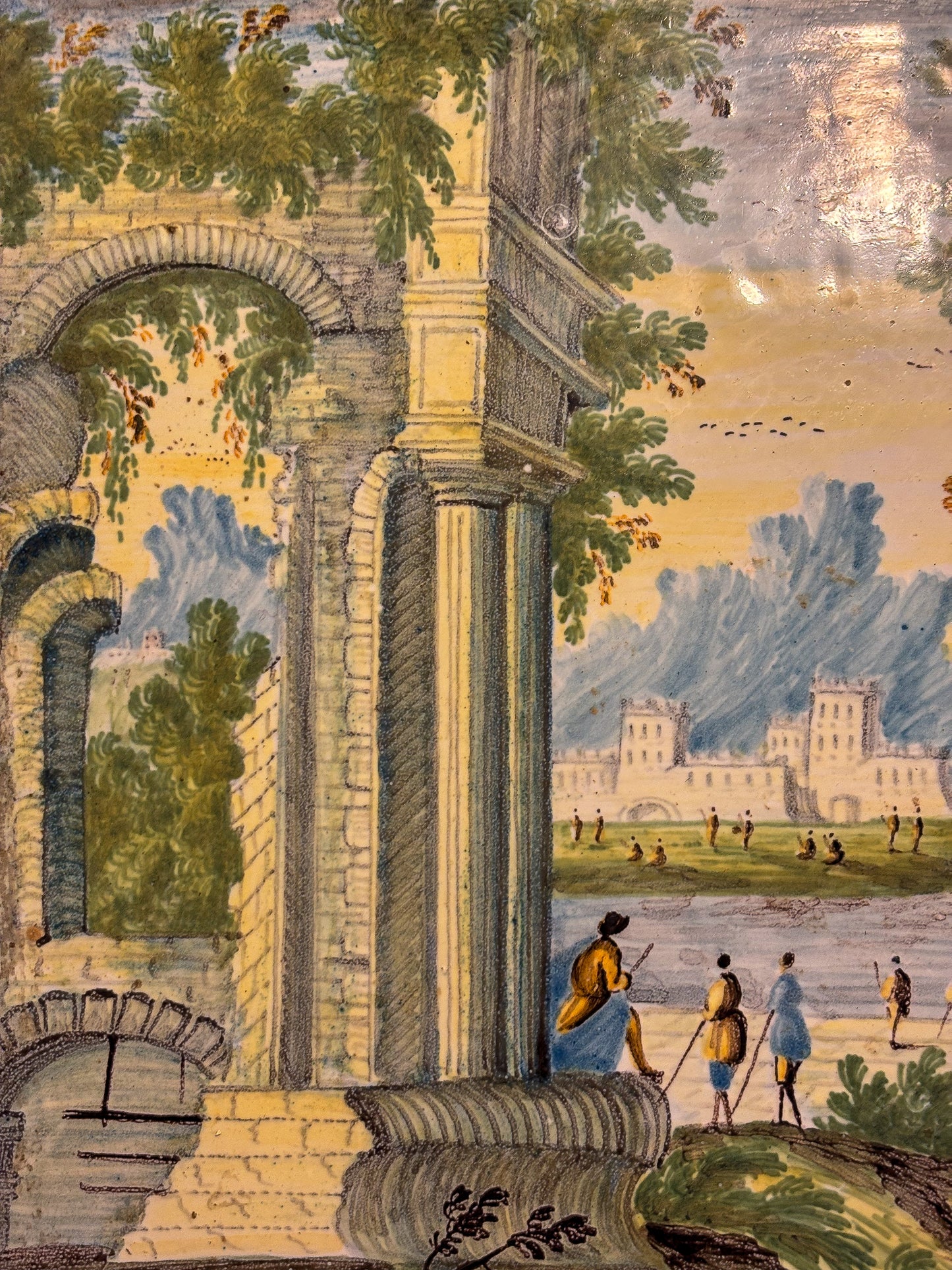 A Pair of 18th Century Castelli Maiolica Capriccio Landscapes