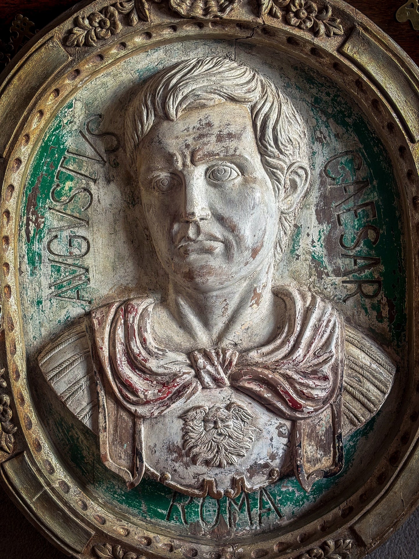 Pair of Italian Carved Wooden Roundels of Nero and Augustus